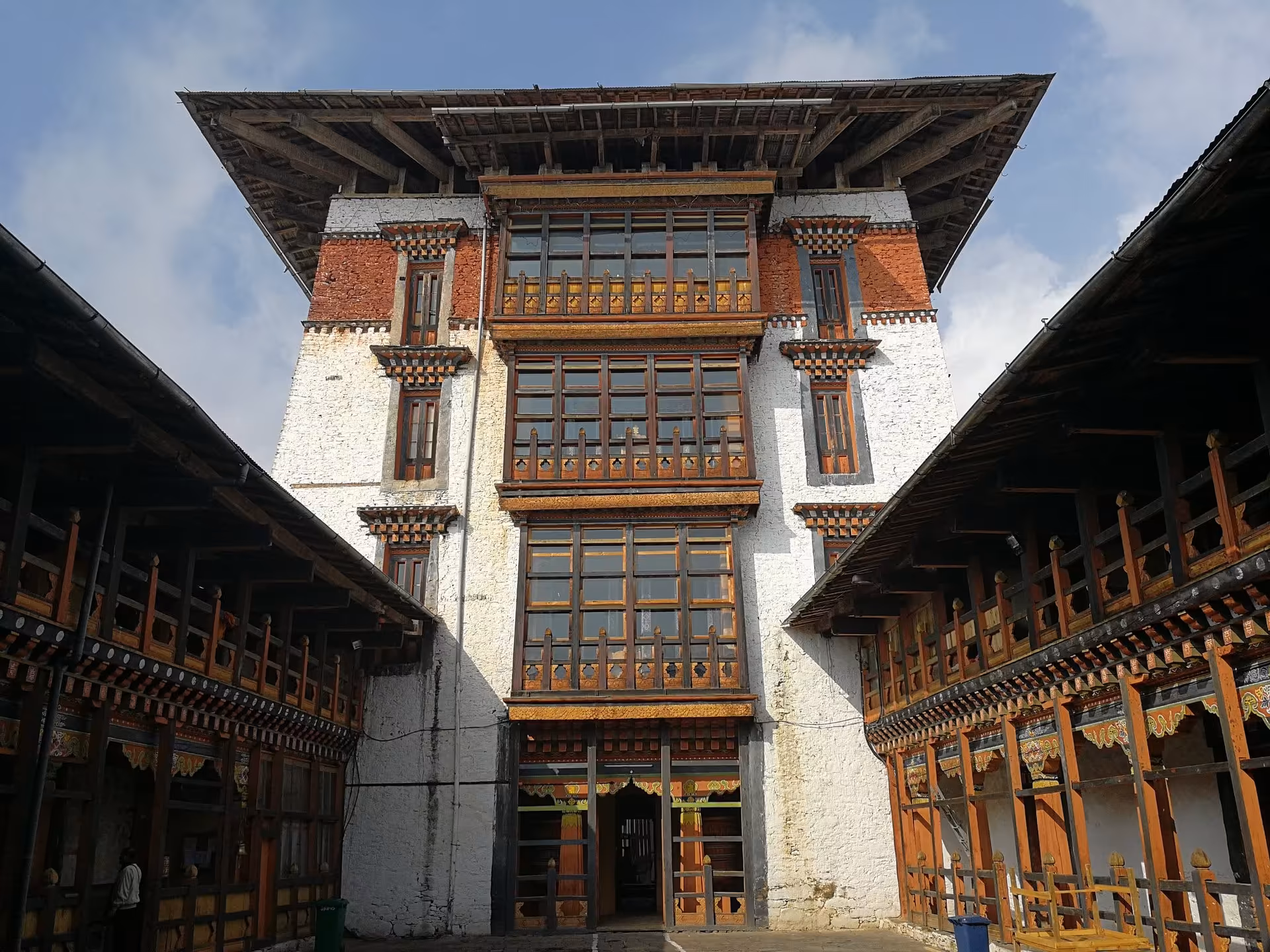 Jakar Dzong's central tower seen from a covered gallery